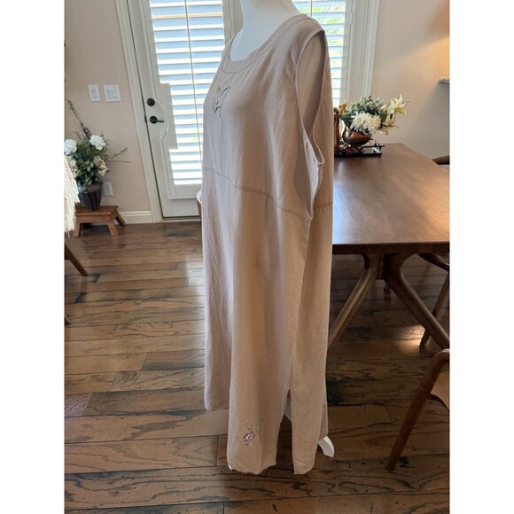 Silk Linen Embroidered Midi Dress Beige Floral Bee Detail 3X Boho Coastal Resort - Picture 1 of 10